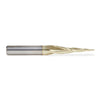 46280-S CNC 2D and 3D Carving 6.2 Deg Tapered Angle Ball Tip x 1/32 Dia x 1/64 Radius x 1 x 1/4 Shank x 2-1/4 Inch Long x 3 Flute Solid Carbide Up-Cut Spiral ZrN Coated Router Bit