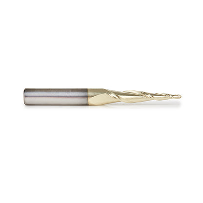 46252-S CNC 2D and 3D Carving 5.5 Deg Tapered Angle Ball Tip x 1/16 Dia x 1/32 Radius x 1 x 1/4 Shank x 2-1/4 Inch Long x 2 Flute Solid Carbide Up-Cut Spiral ZrN Coated Router Bit