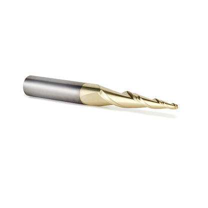 46252-S CNC 2D and 3D Carving 5.5 Deg Tapered Angle Ball Tip x 1/16 Dia x 1/32 Radius x 1 x 1/4 Shank x 2-1/4 Inch Long x 2 Flute Solid Carbide Up-Cut Spiral ZrN Coated Router Bit