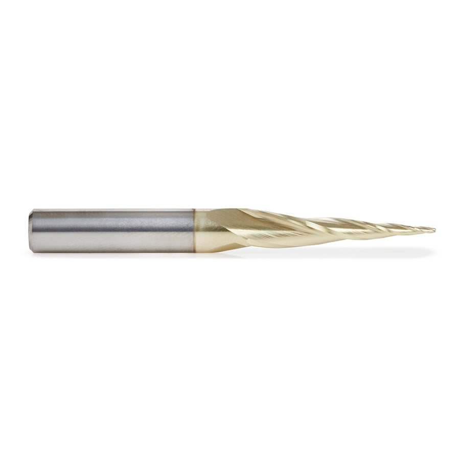 46280-S CNC 2D and 3D Carving 6.2 Deg Tapered Angle Ball Tip x 1/32 Dia x 1/64 Radius x 1 x 1/4 Shank x 2-1/4 Inch Long x 3 Flute Solid Carbide Up-Cut Spiral ZrN Coated Router Bit