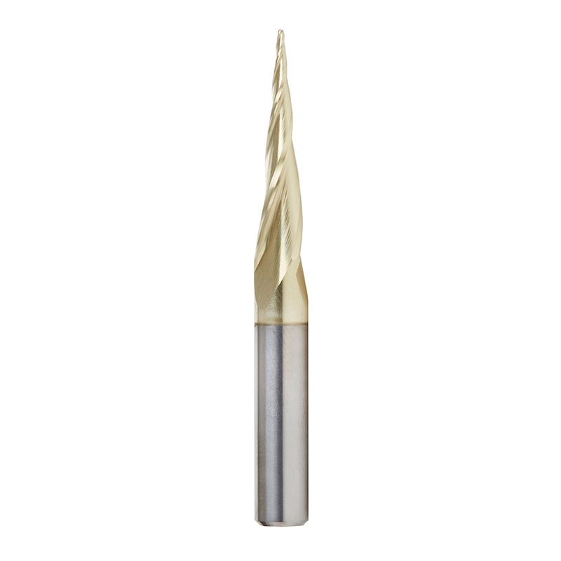 46280-S CNC 2D and 3D Carving 6.2 Deg Tapered Angle Ball Tip x 1/32 Dia x 1/64 Radius x 1 x 1/4 Shank x 2-1/4 Inch Long x 3 Flute Solid Carbide Up-Cut Spiral ZrN Coated Router Bit