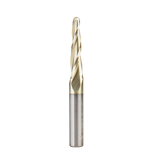 46286-S CNC 2D and 3D Carving 3.6 Deg Tapered Angle Ball Tip 1/8 Dia x 1/16 Radius x 1 x 1/4 Shank x 2-1/4 Inch Long x 3 Flute Solid Carbide Up-Cut Spiral ZrN Coated Router Bit