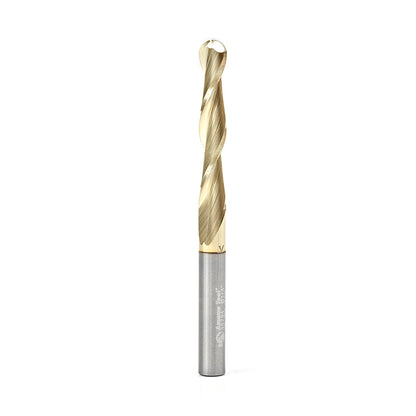 46294 CNC 2D and 3D Carving 0.10 Deg Straight Angle Ball Tip 1/4 Dia x 1/8 Radius x 1-1/2 x 1/4 Shank x 3 Inch Long x 2 Flute Solid Carbide ZrN Coated Router Bit