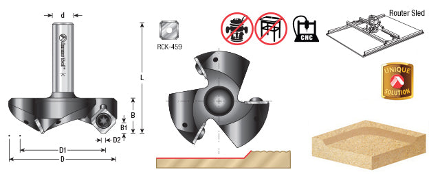 RC-2255 CNC Insert Carbide 3 Wing/Flute Heavy Duty Spoilboard Plunging, Surfacing, Planing, Flycutter & Slab Leveler 2-1/2 Dia x 53/64 x 1/2 Shank Router Bit